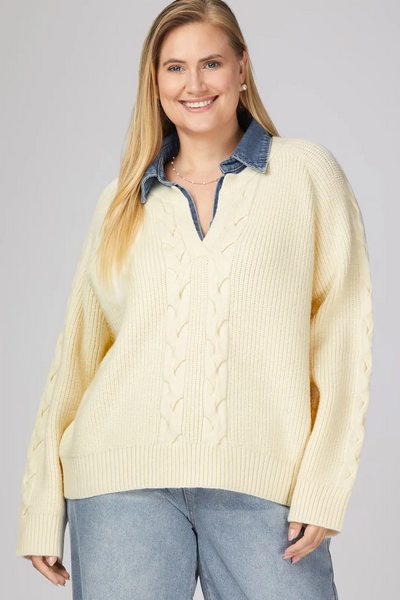 She+Sky Clothing Plus Size Denim Collar Cable Knit Detail Long Sleeve Sweater - Cream/Blue