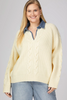 Image of She+Sky Clothing Plus Size Denim Collar Cable Knit Detail Long Sleeve Sweater - Cream/Blue