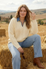 Image of She+Sky Clothing Plus Size Denim Collar Cable Knit Detail Long Sleeve Sweater - Cream/Blue