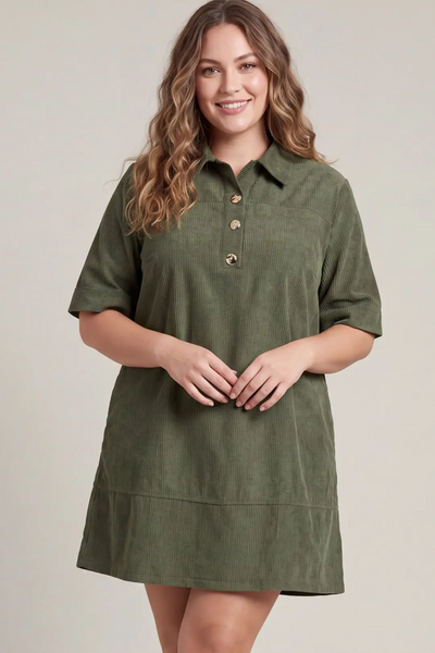 She+Sky Clothing Plus Size Woven Corduroy Collared Mini Dress - Olive Green