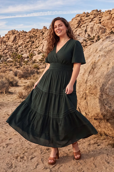 She+Sky Clothing Plus Size Short Sleeve Surplice Bodice Tiered Maxi Dress - Sea Green