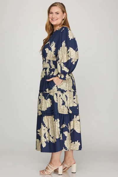 She+Sky Clothing Plus Size 3/4 Length Bubble Sleeve Tiered Midi Dress - Navy/Ivory