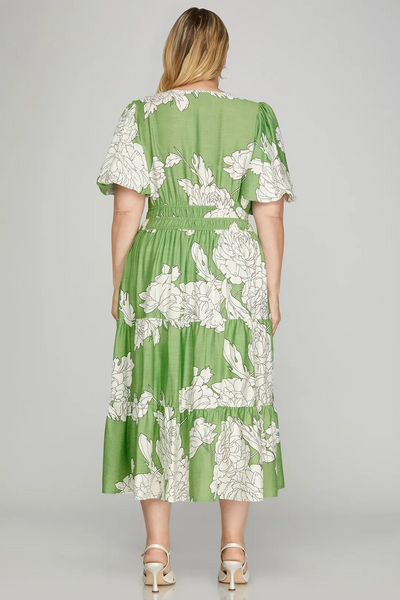 She+Sky Plus Size Bubble Sleeve Tiered Midi Dress - Sage Green/White