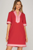 Image of She+Sky Short Sleeve Contrast Trim Linen Blend Dress - Red
