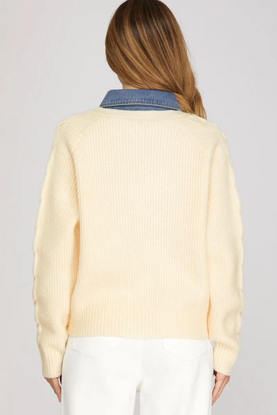 She+Sky Clothing Denim Collar Cable Knit Detail Long Sleeve Sweater - Cream/Blue