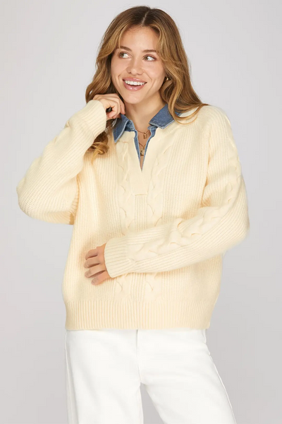 She+Sky Clothing Denim Collar Cable Knit Detail Long Sleeve Sweater - Cream/Blue