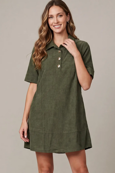 She+Sky Clothing Woven Corduroy Collared Mini Dress - Olive Green