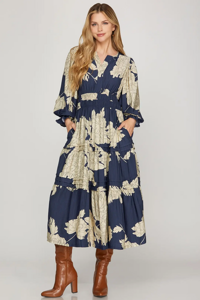 She+Sky Clothing 3/4 Length Bubble Sleeve Tiered Midi Dress -Navy/Ivory