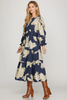 Image of She+Sky Clothing 3/4 Length Bubble Sleeve Tiered Midi Dress -Navy/Ivory