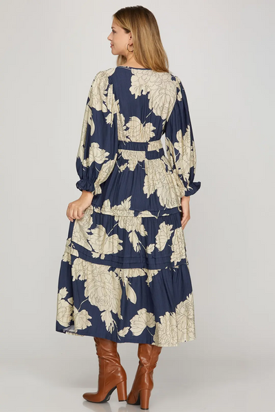 She+Sky Clothing 3/4 Length Bubble Sleeve Tiered Midi Dress -Navy/Ivory