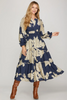 Image of She+Sky Clothing 3/4 Length Bubble Sleeve Tiered Midi Dress -Navy/Ivory
