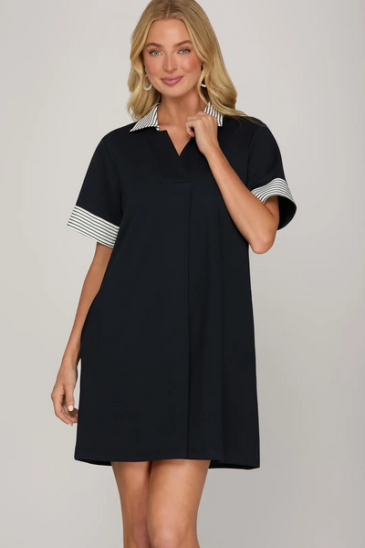 She+Sky Short Sleeve Stripe Trim Scuba Knit Dress - Navy