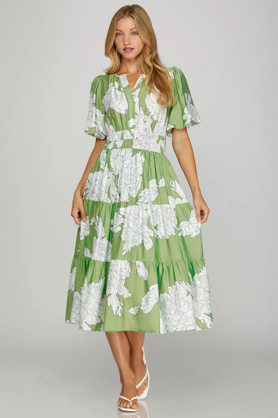 She+Sky Bubble Sleeve Tiered Midi Dress - Sage Green/White