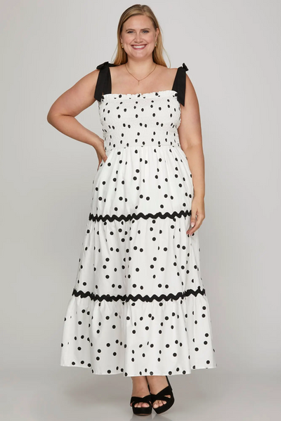 She + Sky Plus Size Smocked Tie Strap Polka Dot Print Tiered Maxi Dress - Off White