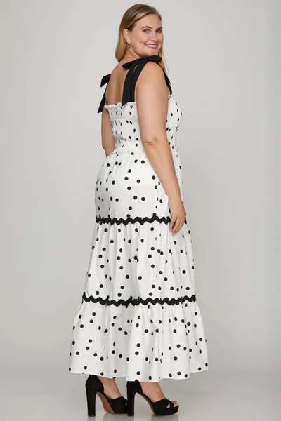 She + Sky Plus Size Smocked Tie Strap Polka Dot Print Tiered Maxi Dress - Off White