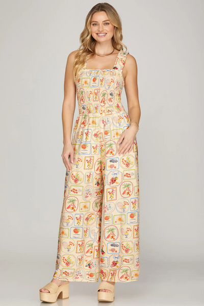 She + Sky Smocked Fruit Print Jumpsuit - Cream
