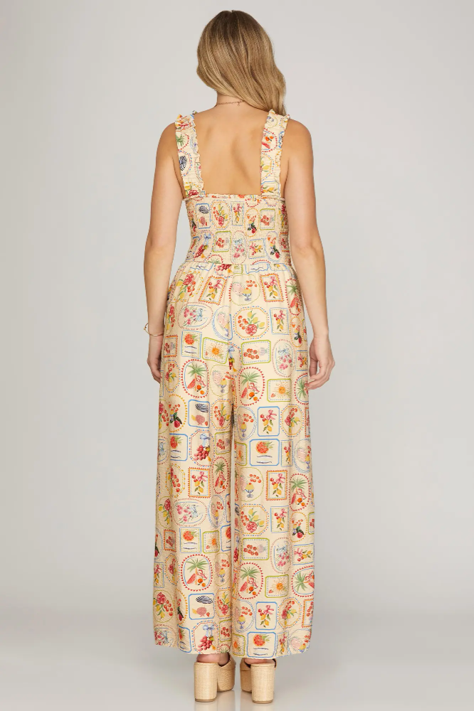 She + Sky Smocked Fruit Print Jumpsuit - Cream