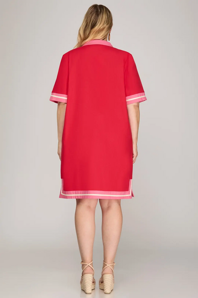 She+Sky Plus Size Short Sleeve Contrast Trim Linen Blend Dress - Red