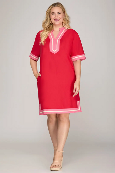 She+Sky Plus Size Short Sleeve Contrast Trim Linen Blend Dress - Red