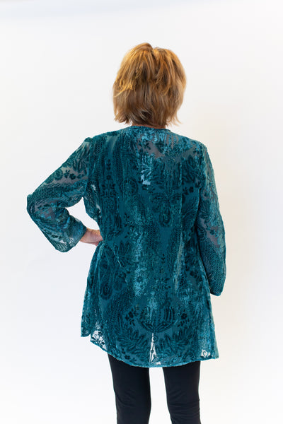 Aris. A Open Front Velvet Burnout Jacket - Teal