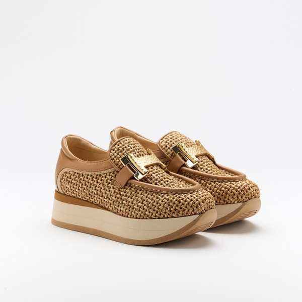 Softwaves Camille Slip On Woven Raffia and Leather Platform Sneaker - Camel