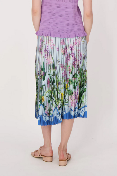 Spanner Pleated Floral Pull On Midi Skirt - Blue