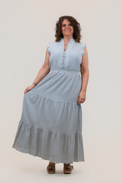 Steven Guy Smocked Waist Ruffle Trim Tiered Maxi Dress - Blue/White