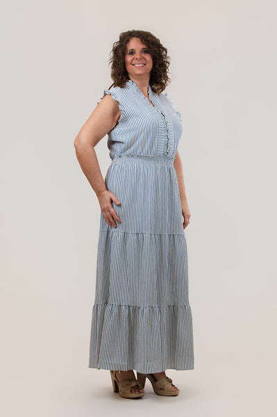 Steven Guy Smocked Waist Ruffle Trim Tiered Maxi Dress - Blue/White