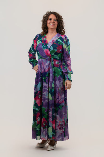 Steven Guy Floral Mesh Overlay Twist Front Surplice Maxi Dress - Purple/Multicolor