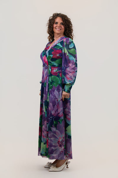 Steven Guy Floral Mesh Overlay Twist Front Surplice Maxi Dress - Purple/Multicolor