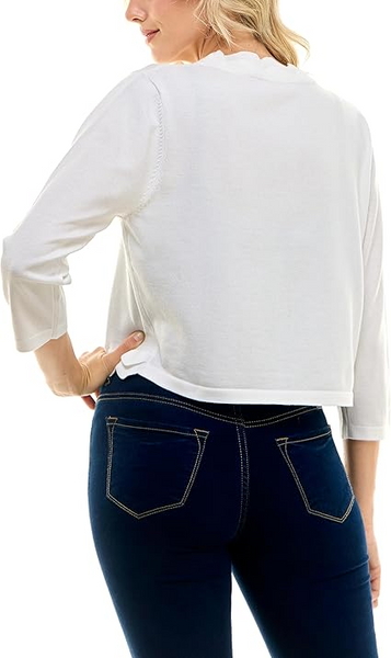 Steven Guy Open Front Scalloped Edge 3/4 Sleeve Shrug - Bright White