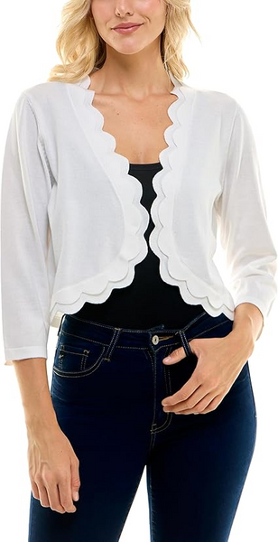 Steven Guy Open Front Scalloped Edge 3/4 Sleeve Shrug - Bright White