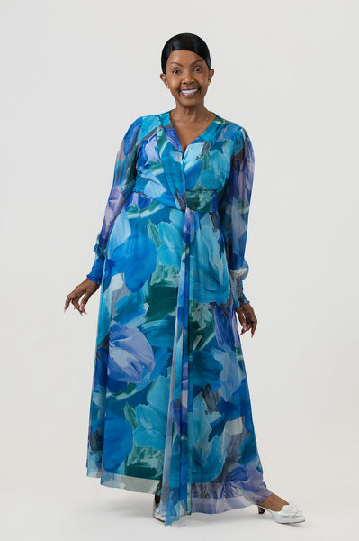 Steven Guy Floral Mesh Overlay Twist Front Surplice Maxi Dress - Blue Multicolor
