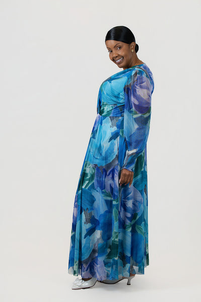 Steven Guy Floral Mesh Overlay Twist Front Surplice Maxi Dress - Blue Multicolor