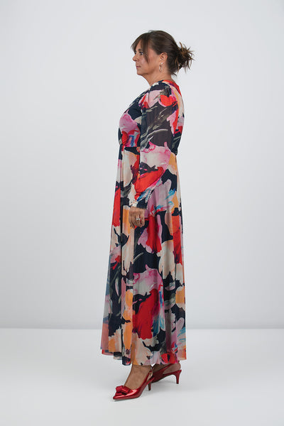 Steven Guy Floral Mesh Overlay Twist Front Surplice Maxi Dress - Blue/Red