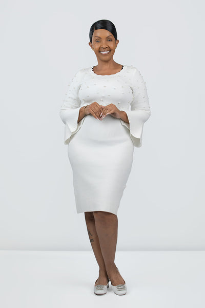Steven Guy Pearl Embellished Bell Sleeve Bodycon Sweater Dress - Ivory