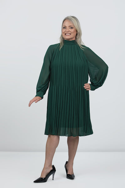 Steven Guy Pleated Balloon Sleeve Swing Dress - Emerald