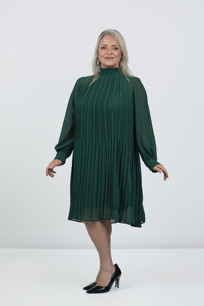 Steven Guy Pleated Balloon Sleeve Swing Dress - Emerald