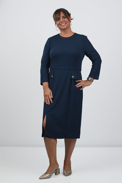 Steven Guy 3/4 Sleeve Scuba Crepe Sheath Dress with Hidden Pockets - Navy