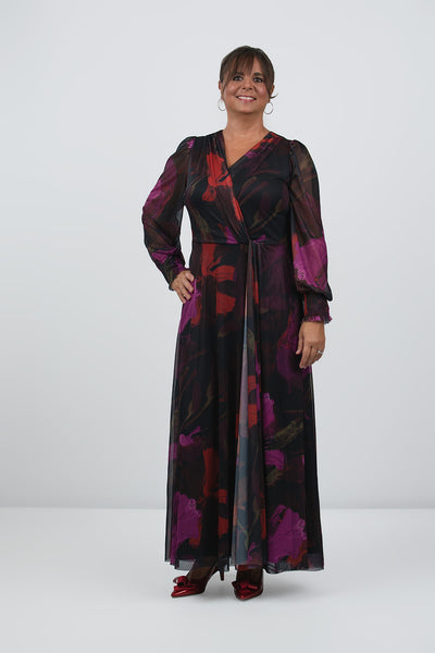 Steven Guy Plus Size Floral Mesh Overlay Twist Front Surplice Maxi Dress - Black/Purple