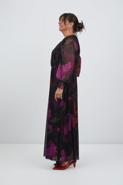 Steven Guy Floral Mesh Overlay Twist Front Surplice Maxi Dress - Black/Purple