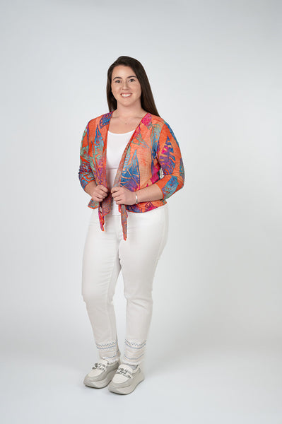 Steven Guy Tie Front Burnout Shrug - Orange/Multicolor