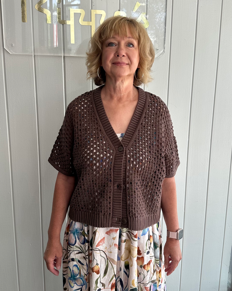 Steven Guy Crocheted Cotton Blend Button Front Short Sleeve Cardigan - Coco