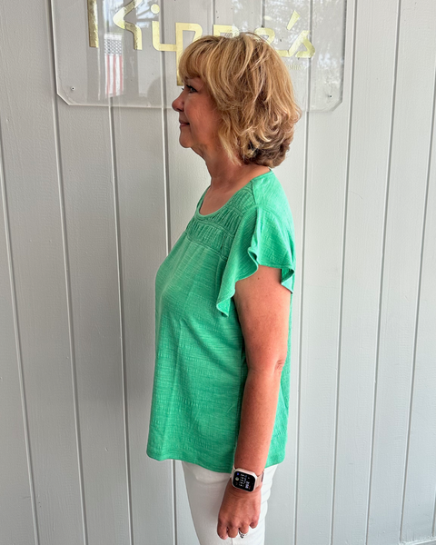 Steven Guy Flutter Sleeve Smocked Front Knit Top - Apple Green