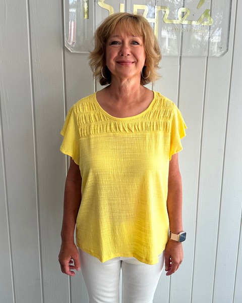 Steven Guy Flutter Sleeve Smocked Front Knit Top - Yellow