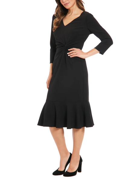 Steven Guy 3/4 Sleeve V-Neck Flounce Hem Scuba Crepe Midi Dress - Black