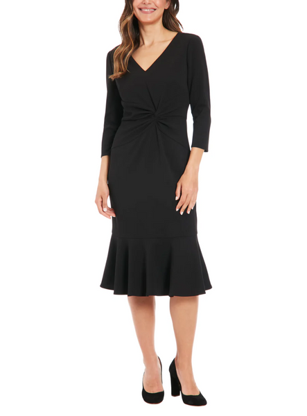 Steven Guy 3/4 Sleeve V-Neck Flounce Hem Scuba Crepe Midi Dress - Black