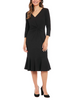 Image of Steven Guy 3/4 Sleeve V-Neck Flounce Hem Scuba Crepe Midi Dress - Black