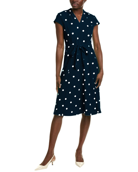 Steven Guy Belted V-Neck Polka Dot Print Cap Sleeve Midi Dress - Deep Navy/Ivory