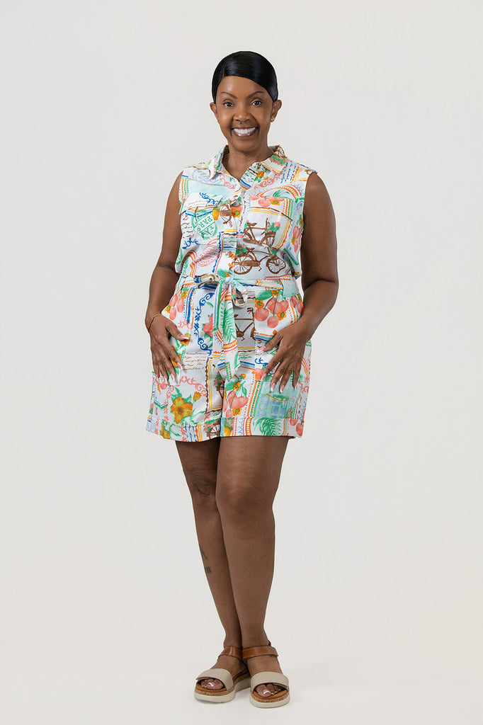 Steven Guy Sleeveless Travel Print Tie Front Romper - Multicolor